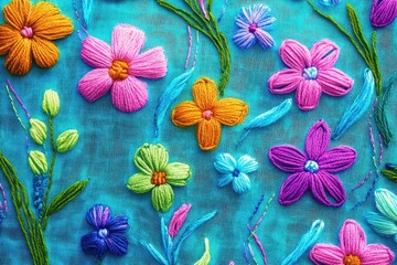 Vibrant floral embroidery on a turquoise background.  Detailed colorful flowers and leaves in various shades of pink, orange, green, purple, and blue, hand-stitched onto a sheer, textured fabric
