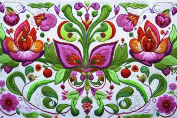 Detailed floral embroidery design on white fabric.  Intricate symmetrical patterns of vibrant flowers and leaves.  Colorful thread work creates a rich tapestry