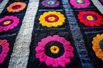 Colorful embroidered textile design with floral motifs