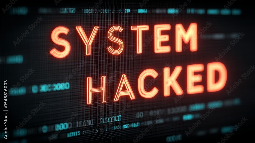 Poster system hacked: digital security breach with glowing text on dark background