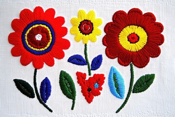 Vibrant embroidered flowers in rich colors on white fabric.  Detailed floral design with colorful stitching
