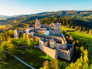 Slovakia landscape and panoramic sunny day view of Tatras mountain and Stara Lubovna castle
