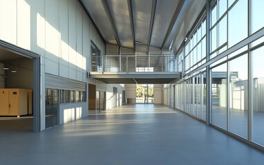 Obraz premium Open metal hangar interior with balcony, large windows, sunlight, and rolling door