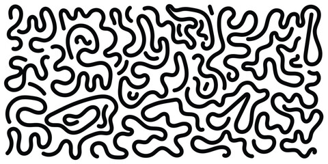 Memphis geometric seamless pattern. Monochrome abstract background in retro 80s,90s style with various shapes circles, semicircles, dots, zigzags, spirals, wavy lines. Cute kid doodle design in eps10.