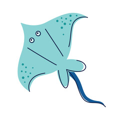 Flat cartoon vector illustration of cute stingray character in bright kids style. Smiling marine animal for ocean themed childrens designs, educational materials, posters, nursery decor, games