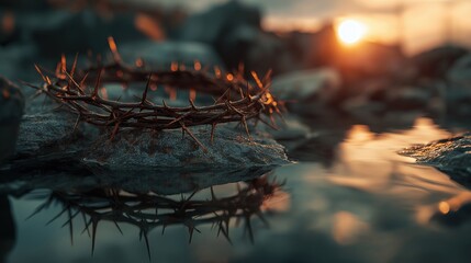 Crown of Thorns: A crown of thorns lies on a rock at sunset, a powerful symbol of sacrifice and redemption. The soft glow of the sun creates a contemplative atmosphere.