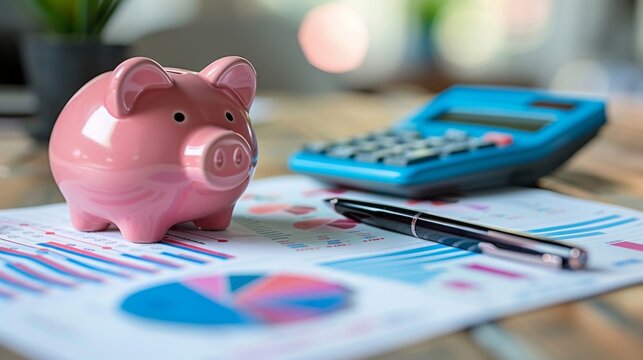 Pink piggy bank on financial documents with blue calculator and pen analysis