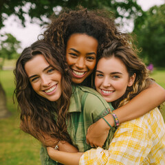 Fototapeta premium Three women are hugging each other in a park. They are all smiling and seem to be enjoying each other's company