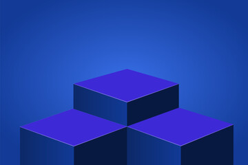 Obraz premium Three blue podium, pedestal in square shape for product showcase, presentation on blue glow gradient background. Empty geometric platform, stage, vector illustration design for show cosmetic product 