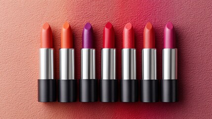Obraz premium Vibrant lipstick collection displayed on textured surface in bold colors