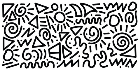 Memphis geometric seamless pattern. Monochrome abstract background in retro 80s,90s style with various shapes circles, semicircles, dots, zigzags, spirals, wavy lines. Cute kid doodle design in eps10.