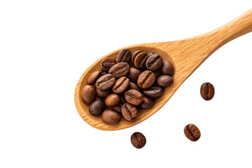 Obraz premium Roasted coffee beans in wooden spoon isolated on transparent background