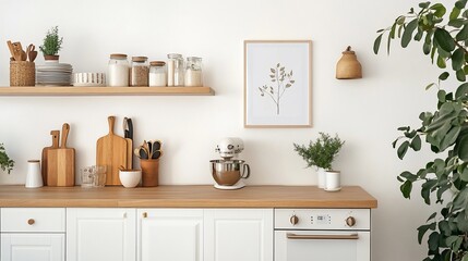 Fototapeta premium Cozy kitchen scene. Wooden countertops, white cabinets, art, and plants create a serene domestic setting