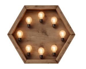 Glowing Lightbulbs in Hexagon Wooden Frame, PNG