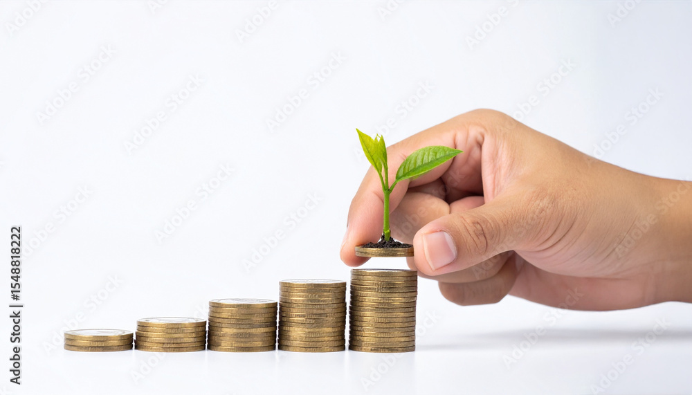 Poster hands are stacking coin piles with a sprout on the top