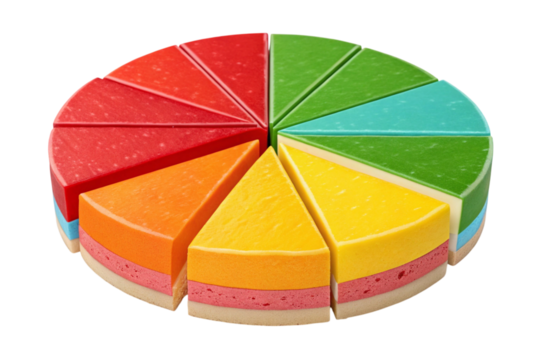 Colorful rainbow cake slices pie chart isolated on transparent background
