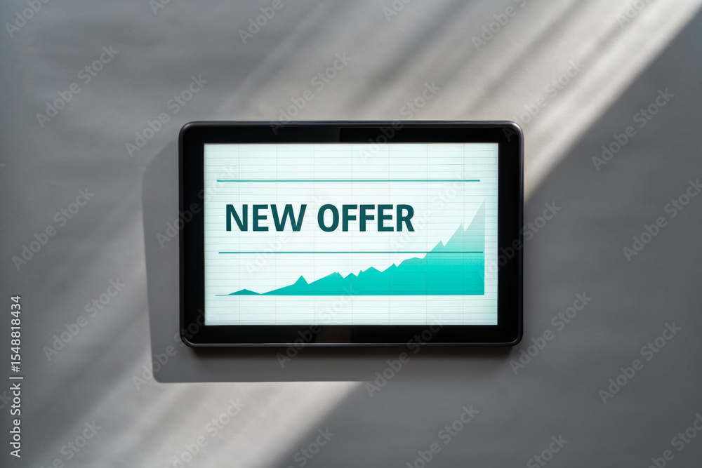 Poster tablet displaying a new offer with a growth chart background.