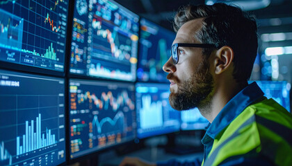 A male data scientist intently analyzing stock market data displayed on multiple monitors in a high-tech control room
