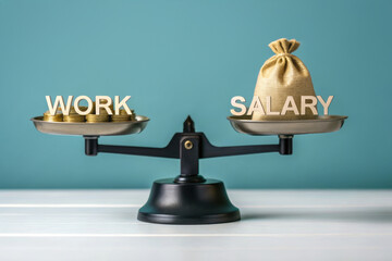 Balancing work and salary with scales and coins.