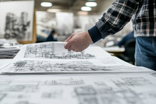 Architect reviewing drawings and planning designs in the office, working on a renovation or building project., Generative AI
