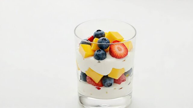 Healthy Layered Fruit and Yogurt Parfait in a Glass on White Background