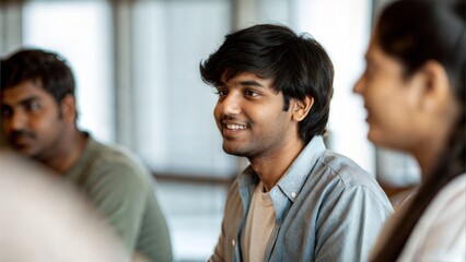 Young Indian student confidently leading a group discussion during academic conference session
