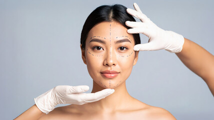 Asian woman prepared for cosmetic surgery with marked face