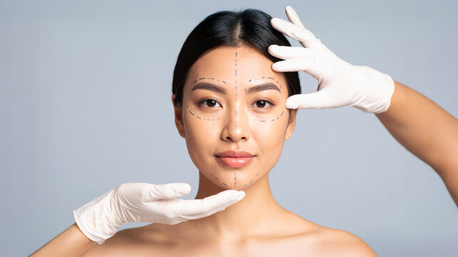 Asian woman prepared for cosmetic surgery with marked face - Powered by Adobe