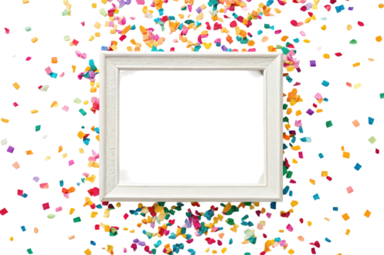 White picture frame with colorful confetti isolated on transparent background