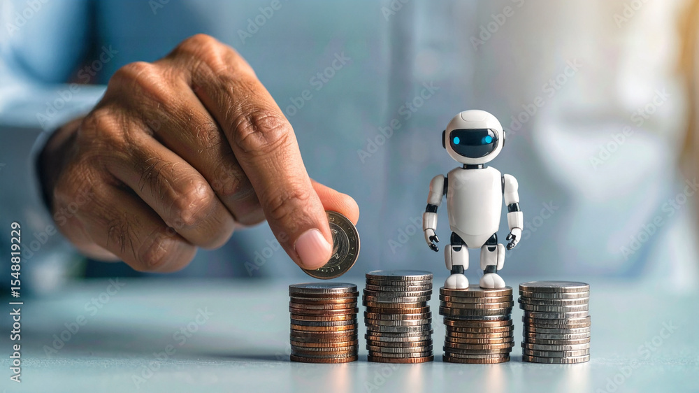 Poster a hand placing a coin onto a stack of coins, with a small robot standing atop the highest stack, sym