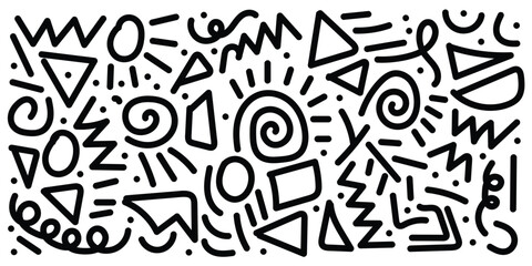 Memphis geometric seamless pattern. Monochrome abstract background in retro 80s,90s style with various shapes circles, semicircles, dots, zigzags, spirals, wavy lines. Cute kid doodle design in eps10.