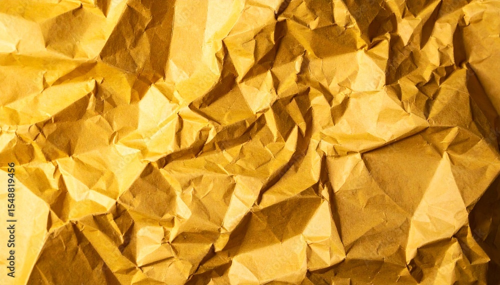 Poster abstract view of crumpled golden paper with detailed folds and textures, creating a unique backgroun