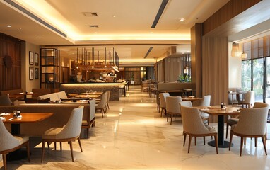 Restaurant interior with warm lighting and neutral tones, inviting atmosphere