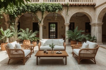 Fototapeta premium Luxury Mediterranean Villa Patio with Rustic Wooden Dining Set and Lush Potted Garden Plants