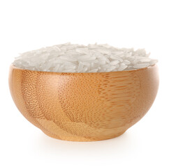 Wooden bowl with raw rice on white background