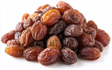 Obraz premium Pile of plump, golden brown and dark raisins, clustered on a white surface, illuminated