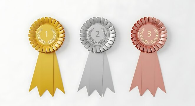 Gleaming trio of rosettes radiant gold for first sleek silver second rose bronze third each ribboned in success on