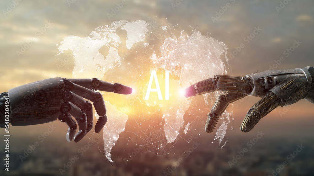 Poster robot hands touching across digital world map with ai symbol at center