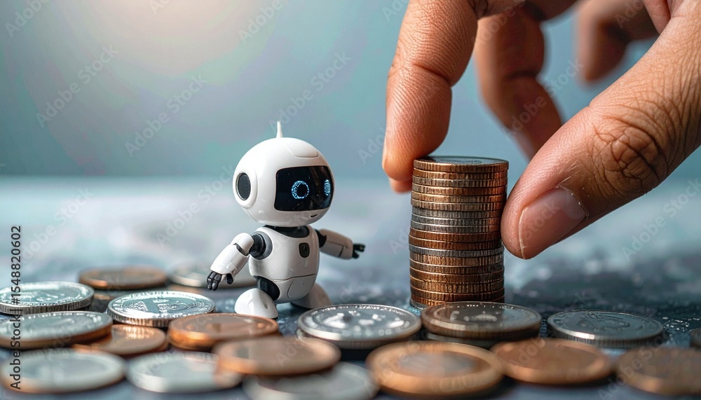 Poster a robot figurine interacts with a stack of coins, highlighting financial concepts. the scene has a s