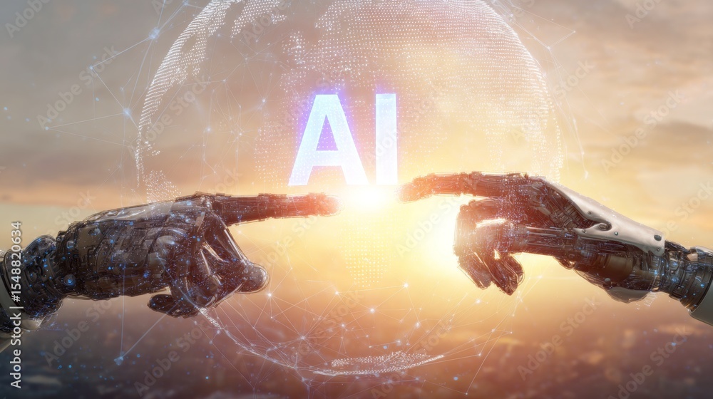 Poster futuristic connection between robotic hands and ai globe at sunset