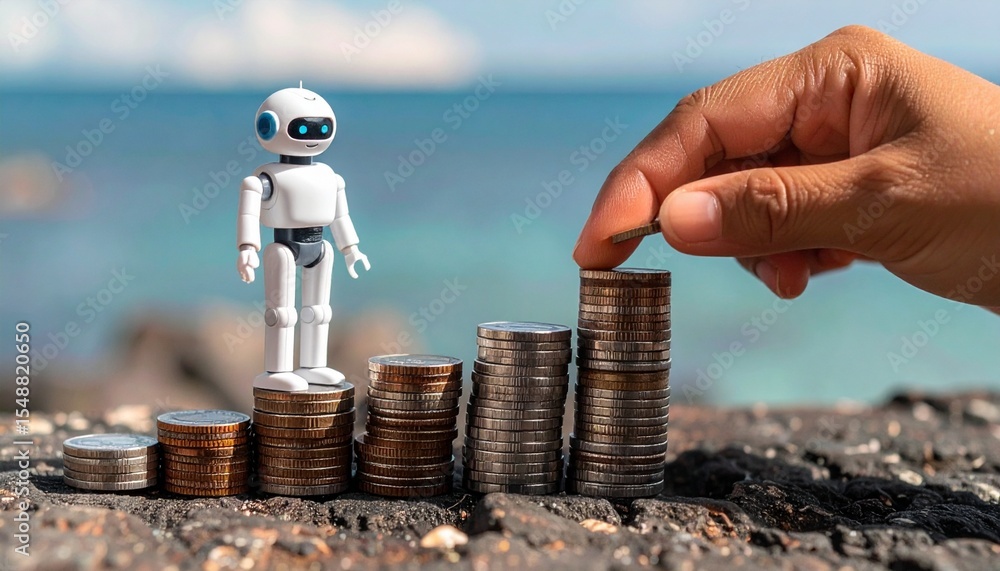 Poster a robot stands atop a stack of coins as a hand adds more. this scene depicts growth and financial ad
