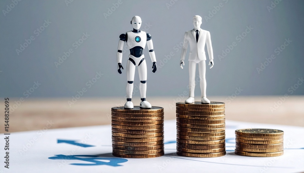 Poster a conceptual image depicting a robot and a human figure standing on stacks of coins, representing di