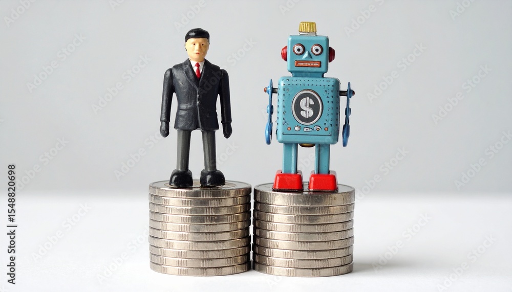 Poster a businessman and a robot standing on coin stacks, representing the intersection of human and techno