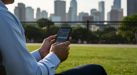 Man analyzes stock market data on phone in city park for financial growth