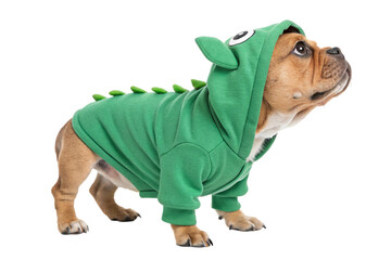 Obraz premium Adorable french bulldog in green dinosaur hoodie isolated on transparent background