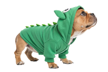 Adorable french bulldog in green dinosaur hoodie isolated on transparent background