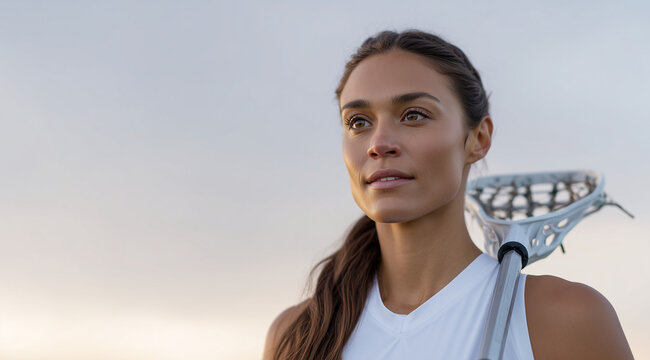 A beautiful woman in her mid-20s, wearing white athletic wear and holding an oversized lacrosse stick with the ball on it while playing in front of a sunset. The focus is sharp on
