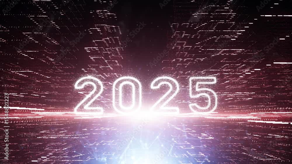 Poster year 2025 caption on loop digital technology flickering lines dots background.