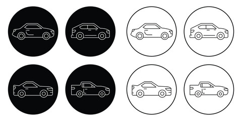 Variety of Car in Simple Line Art. Car icon set. Simple and detailed auto symbol in different styles. Automobile vector illustration. Vehicle sign. Sedan silhouette. Black car graphic design concept.