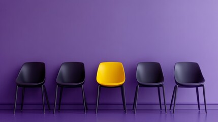 Fototapeta premium Unique yellow chair among four black chairs against purple wall